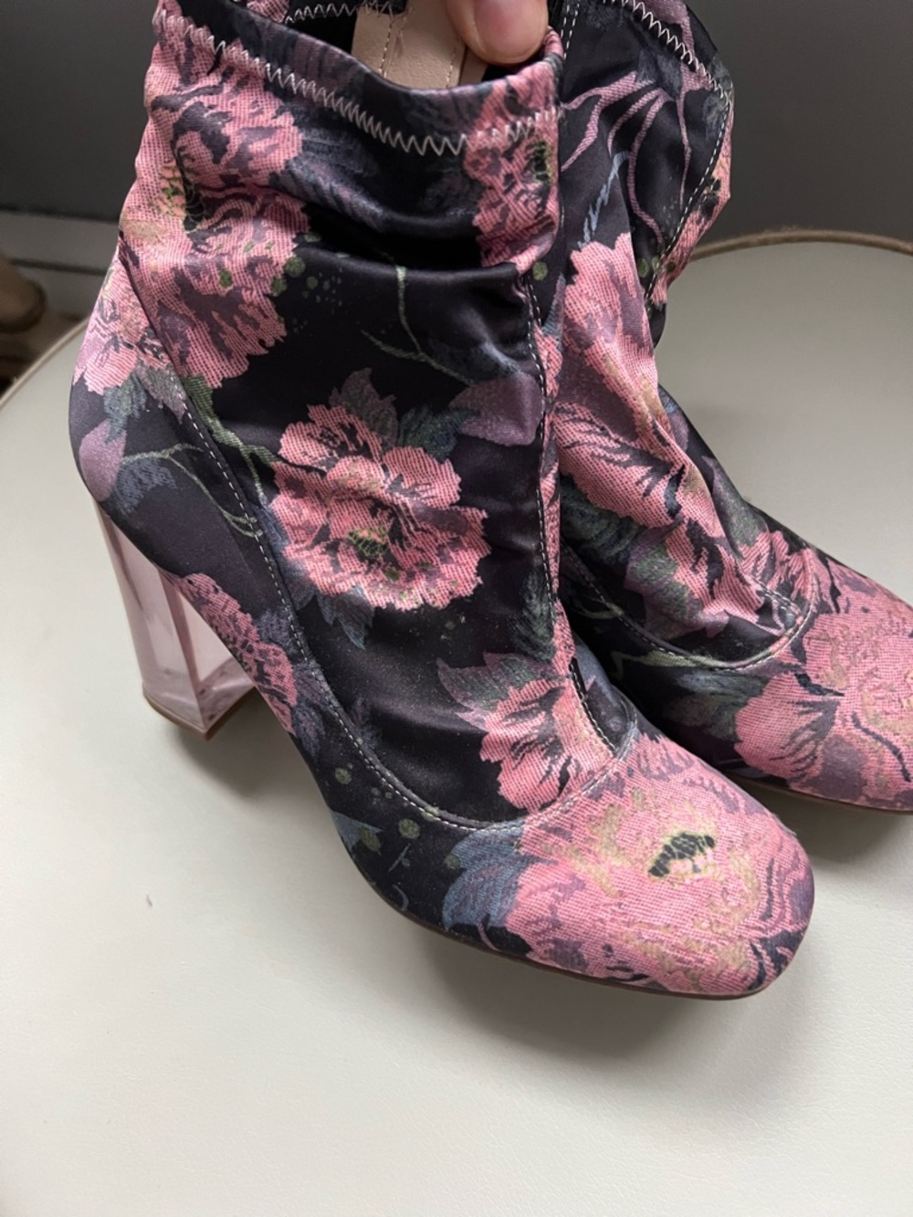 ASOS Pink Floral Block-Heel Ankle Boots